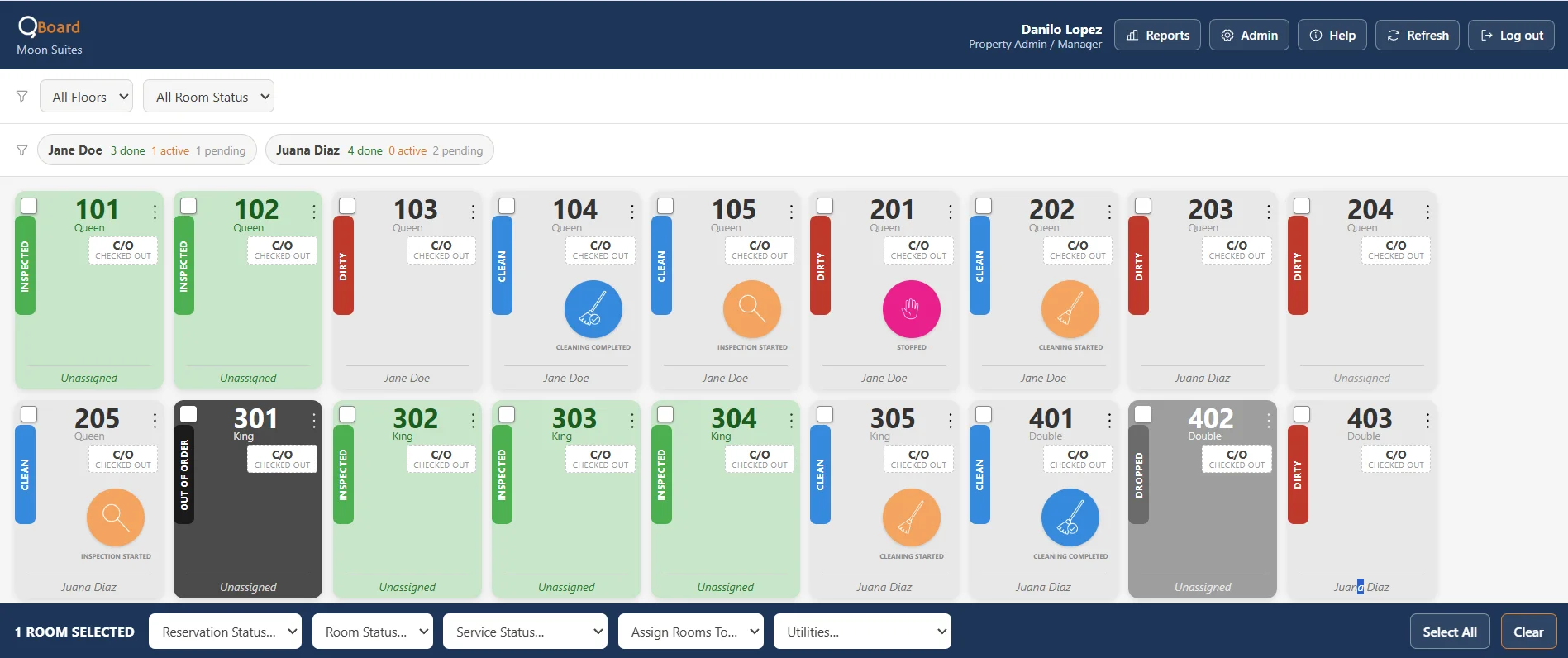 QBoard real-time room status board showing housekeeping and inspection statuses across a hotel floor